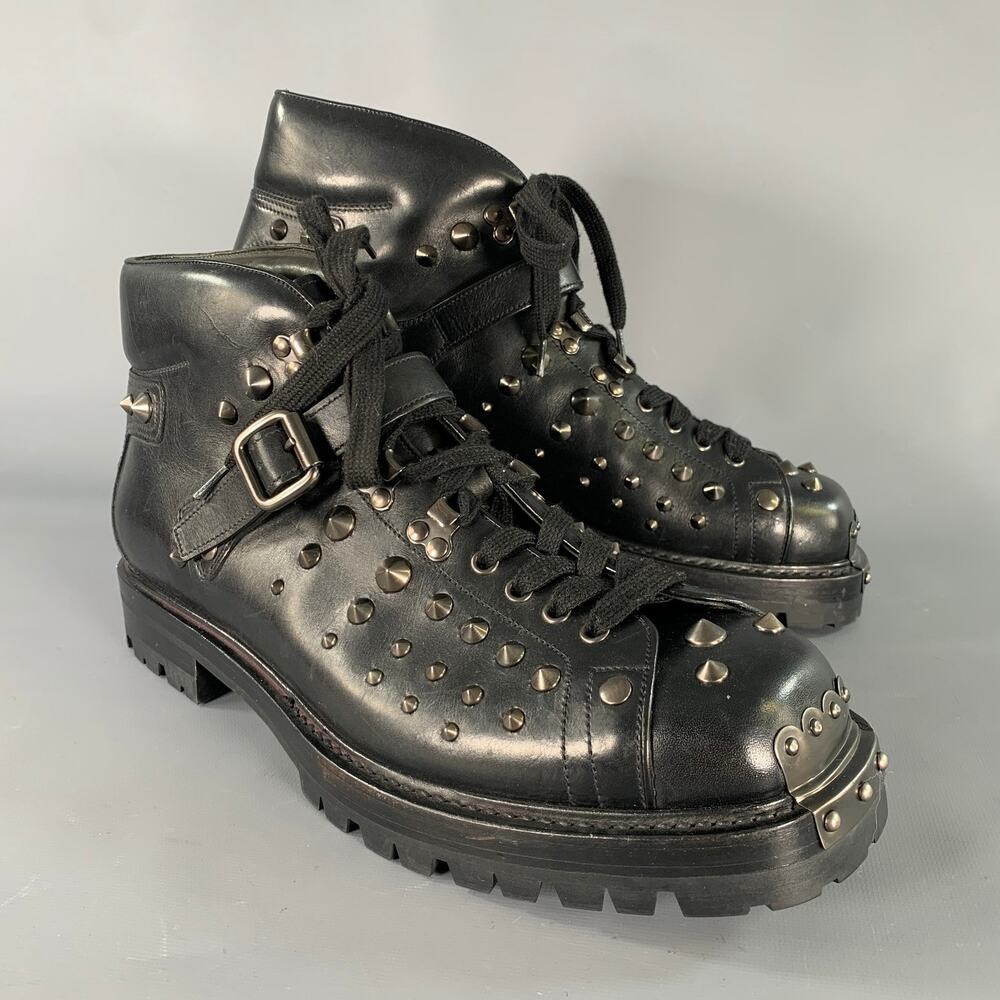 PRADA Size 12 Black Studded Leather Ankle Boots
